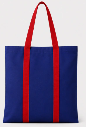 Verso da totebag azul royal com alças vermelhas